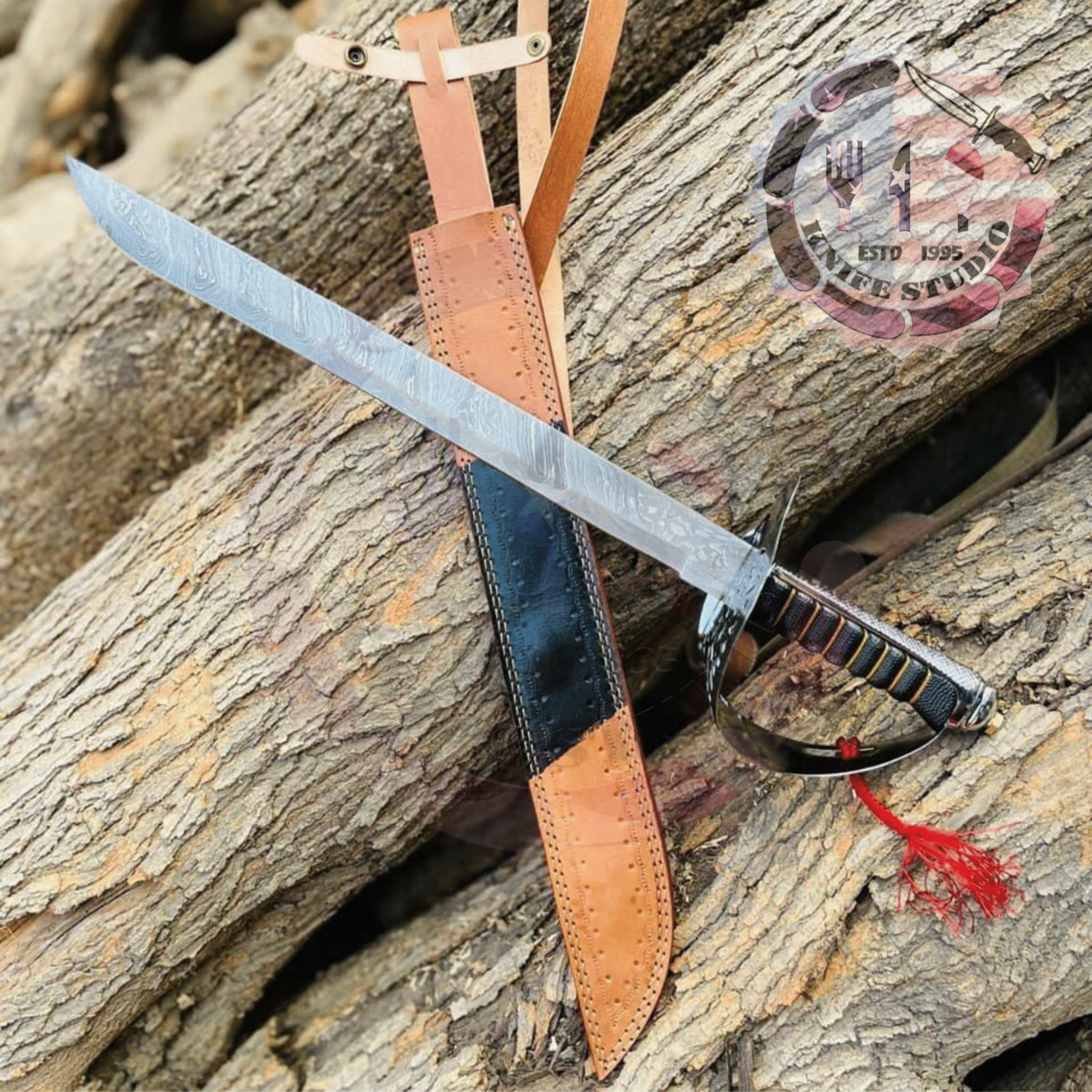 Handcrafted Damascus Steel Sword with Leather Scabbard - Image 2