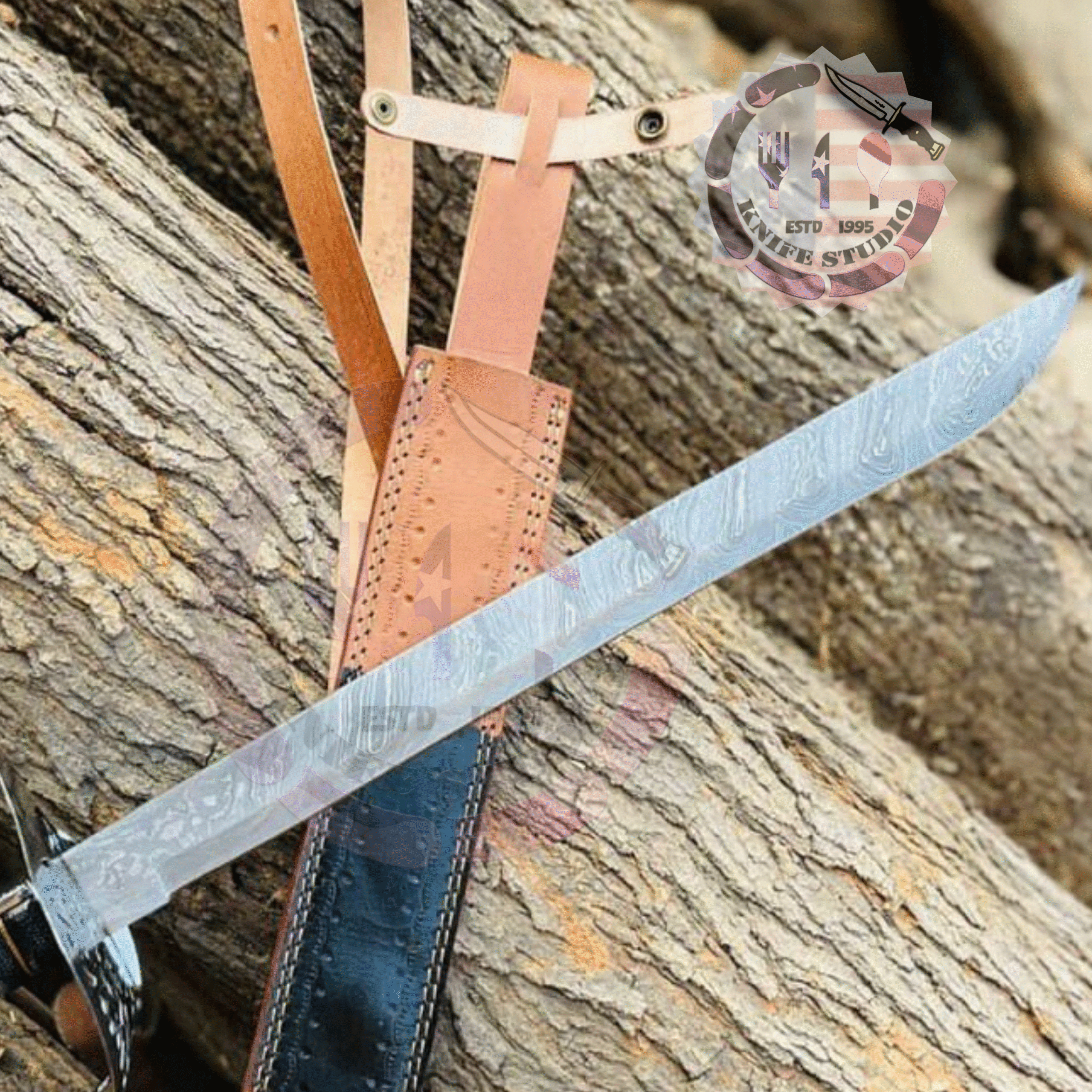 Handcrafted Damascus Steel Sword with Leather Scabbard - Image 4