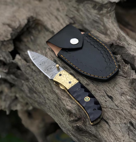 Handmade Damascus Steel Folding Knife: Black Micarta Handle, Leather Sheath - Image 3