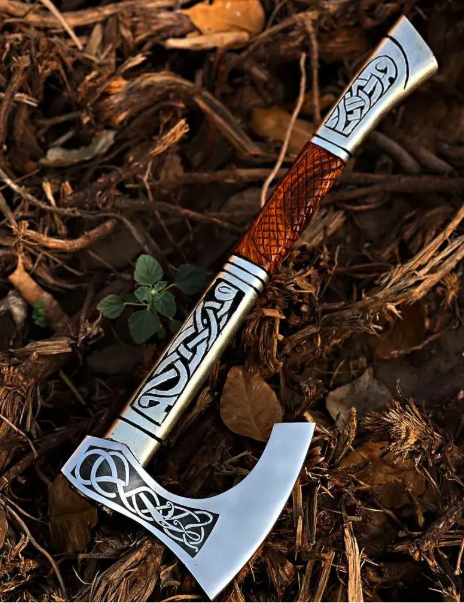 Hand Forged High Carbon Steel Viking Axe, Engraved Wooden Handle - Image 2