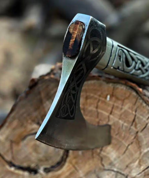 Hand Forged High Carbon Steel Viking Axe, Engraved Wooden Handle - Image 3