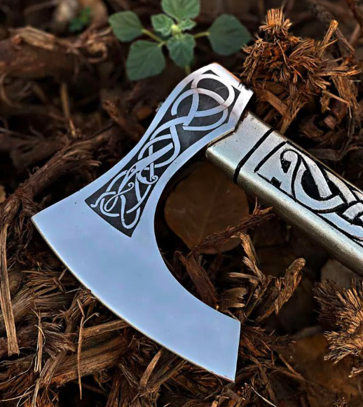 Hand Forged High Carbon Steel Viking Axe, Engraved Wooden Handle - Image 4