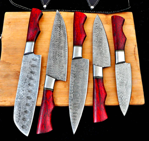Personalized Chef Knif Set For Kitchen Utensils, Damascus Steel Chef Set For Wedding Gift, Carbon Steel Handmade Kitchen Set For Chef, Knifw