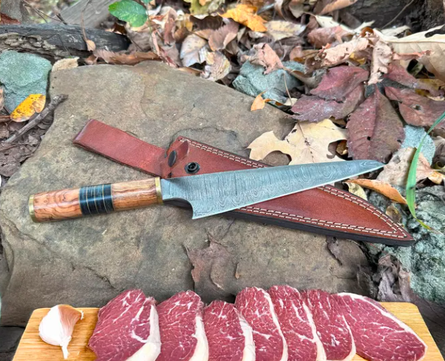 Personalized Damascus Chef Knife: Engraved Kitchen Knife, Leather Sheath