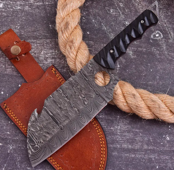 Handmade Damascus Steel Cleaver Knife: 7-inch Butcher Knife with Leather Sheath