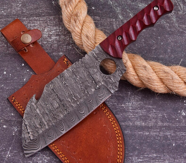 Handmade Damascus Steel Cleaver Knife: 7-inch Butcher Knife with Leather Sheath - Image 4