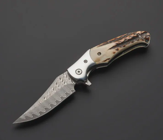 Handmade Damascus Folding Knife: Stag Horn Handle, Leather Sheath - Image 2