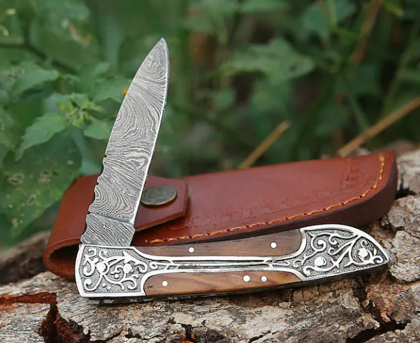 Handmade Damascus pocket knife Olive wood handle birthday gift folding knife Groomsmen anniversary wedding gift for dad friendship gift - Image 2