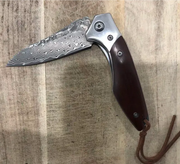 Outdoor Camping Damascus Folding Pocket Knife With Sheath