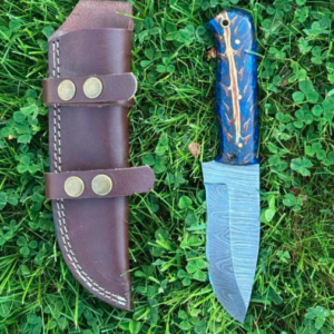 Fixed Blade Blue Skinning Knife: Full Tang Damascus Skinner Knife, Chefs Gift
