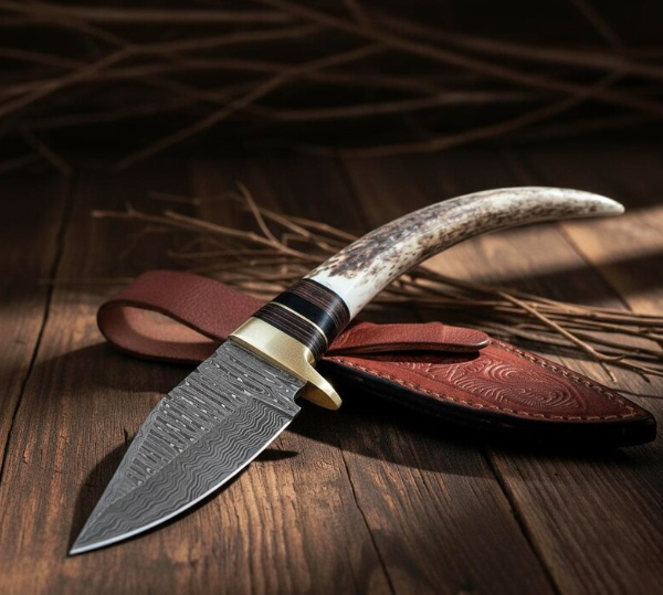 Custom Damascus Steel Skinner Knife | Genuine Stag Antler Handle | Hand Forged Bushcraft Collector Tool - Image 2