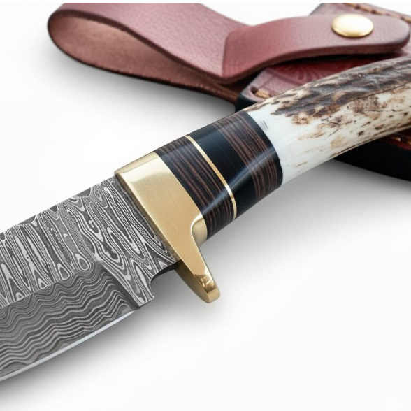 Custom Damascus Steel Skinner Knife | Genuine Stag Antler Handle | Hand Forged Bushcraft Collector Tool - Image 3