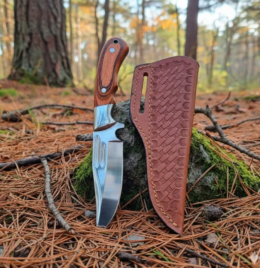 Handmade Fixed Blade Hunting Knife with Wood Handle - Custom Leather Sheath - D2 Steel - Camping