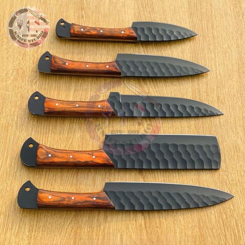 Premium Hand-Forged Chef Knife Set – 5-Piece Carbon Steel Kitchen Knives with Wooden Handles - Image 6
